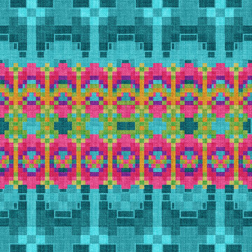 A vibrant pixe seamless pattern featuring traditional blurry lines and repeating geometric motifs. The design uses a bold, contrasting palette of deep blue (indigo) with bright orange pink green cyan 