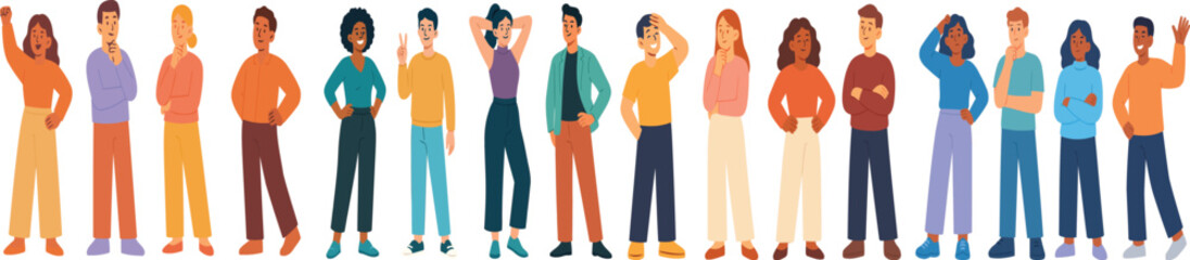 Fototapeta premium Flat vector lineup of diverse young adults in casual outfits with varied gestures and poses, friendly characters for communication, teamwork, social media, education, and modern business designs.