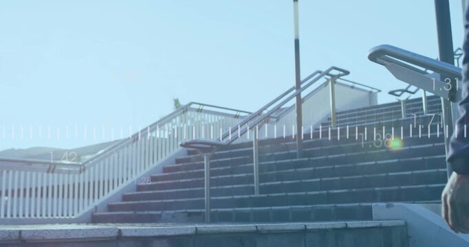 Mature male ascending stairs as waveform moving and line graph appearing tracking ascent analytics