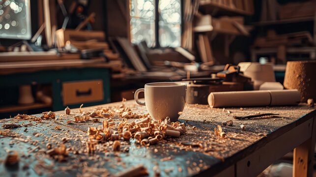 Warm coffee break amidst sawdust and tools in a rustic, sunlit woodworking shop, inspiring creativity and craftsmanship.