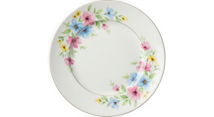 Oval ceramic plate with delicate floral pattern isolated on transparent background