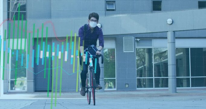 Cyclist pedaling across plaza and adjusting strap, activating tech data bars visualizing metrics - Powered by Adobe
