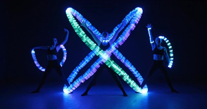 Mesmerizing LED light dance performance in a dark studio, three performers creating dynamic, futuristic patterns with glowing blue, green, and purple trails, forming an energetic X-shape
