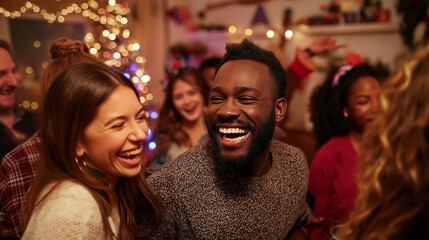A lively group of friends enjoying a Christmas party, laughing and dancing together. The room is filled with festive decorations, and a Christmas tree sparkles in the background, creating a joyful at