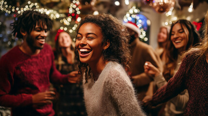 A lively group of friends enjoying a Christmas party, laughing and dancing together. The room is filled with festive decorations, and a Christmas tree sparkles in the background, creating a joyful at