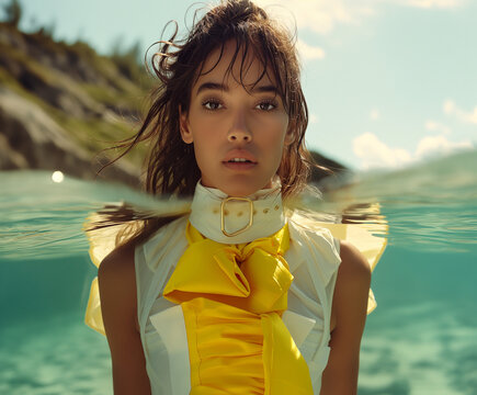 A fashion model in a structured yellow and white ensemble stands half-submerged in clear water. Editorial aquatic fashion story with bold accessories.