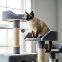 Siamese cat sitting on a grey cat tree by window animal