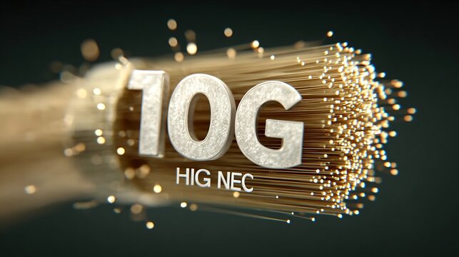 Detailed image showcasing a bundle of fiber optic cables with the prominent text '10G' and 'HIG NEC' for data transmission.