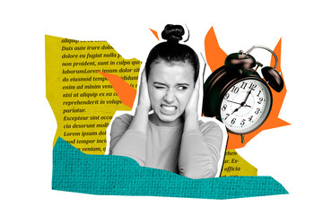Composite photo collage of business woman alarm clock deadline fire shit ears pressure problem...