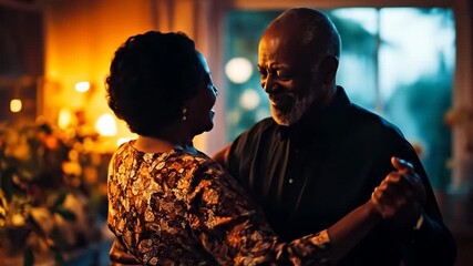elderly african american couple enjoys heartfelt dance at home. happy long marriage, love. family bonding, health, wellness. active aging, healthy lifestyle, senior leisure, activity - Powered by Adobe