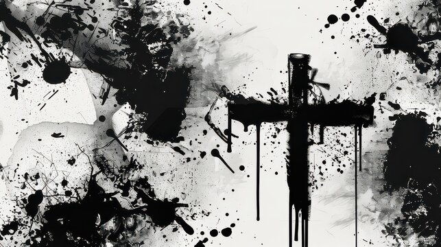 Dramatic abstract ink splatter art with bold cross silhouette evokes raw emotion and powerful symbolism