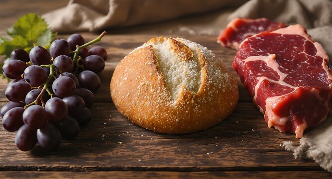 Still life with fresh round bread loaf, raw marbled beef steak, and dark purple grape cluster on wooden table