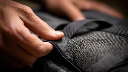 Fototapeta premium Detailed medium shot of a travelers hand touching durable ballistic nylon bag fabric with textured weave sharply in focus and the rest softly out of focus