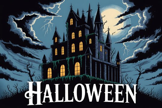 Spooky gothic castle at night with lightning and full moon for halloween scenery