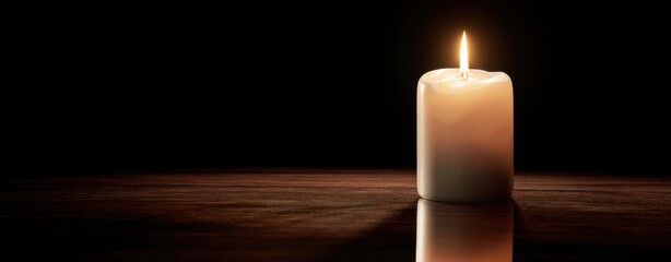 The Candle on a Wooden Surface Casting a Warm Reflective Glow Against Darkness