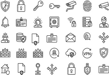 Security icon set, black-and-white line style, shields, padlocks, fingerprint, cloud protection, VPN, servers, ID badges, merch, branding kits