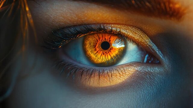 A close-up view of a human eye with a unique orange-colored iris