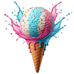Tri Color Ice Cream Cone with Pink and Blue Splash
