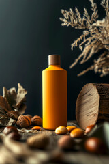 Orange and yellow matte cosmetic bottle on dark gray background, surrounded by macadamia nuts and natural ingredients. Soft, focused lighting on wooden surface for clean, sharp product presentation.