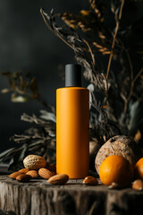 Orange and yellow matte cosmetic bottle on dark gray background, surrounded by macadamia nuts and natural ingredients. Soft, focused lighting on wooden surface for clean, sharp product presentation.