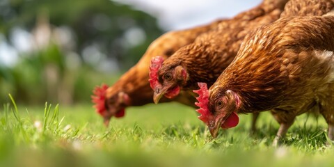 The chickens pecking at fresh green grass in a sunny country farm landscape