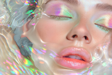 Close-up of a model's face submerged in iridescent water with holographic reflections. Abstract beauty and futuristic aquatic fantasy concept.