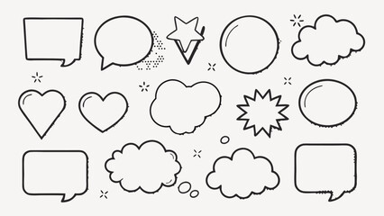 Outlined vector set of comic speech bubbles — including oval, round, and cloud shapes arranged in a clean grid for pop art design.
