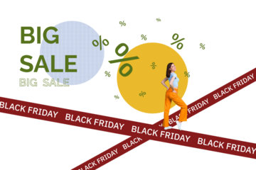 Composite photo collage of happy girl dance black friday offer shopping percent big sale mall discount isolated on painted background