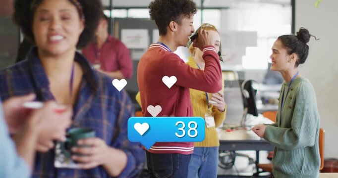 Coworkers sipping and chatting in business break, activating like-icon graphic updating count