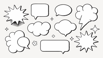 Vector illustration with speech bubbles cloud shapes stars and a flower in black outline on a white background