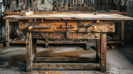 Authentic vintage workbench showcases weathered wood and artisan tools, evoking craftsmanship and industrial heritage