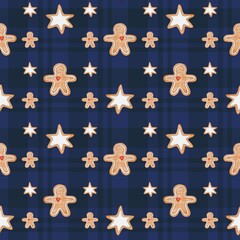 Seamless watercolor pattern with gingerbread cookies in the shape of stars and men on blue plaid background. Perfect for Christmas wrapping paper, textile, fabric print, wallpaper, and holiday design