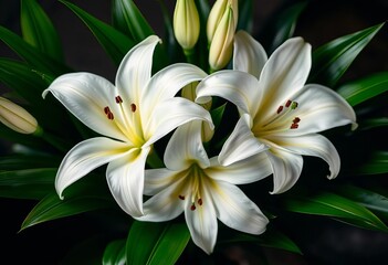 Fototapeta premium Elegant bouquet of pristine white lilies, lush green leaves, leaves, green