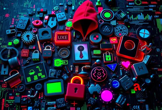 Collection of digital elements representing hacking, cybersecurity, and data theft, server, system