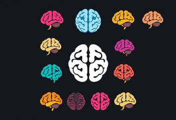 Set of flat-design brain icons, various colors and styles,  symbol,  concept