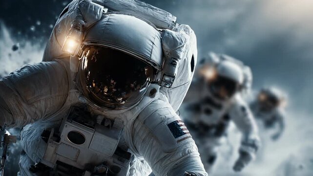 Astronauts in Space, Spacewalk, Exploration, American Flag Patch on Spacesuit, Space Travel, Science, Adventure, Courage, Futuristic Vision, Outer Space