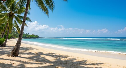 Obraz premium Idyllic seashore view with palm trees, soft white sand, and calm turquoise water under a sunny sky