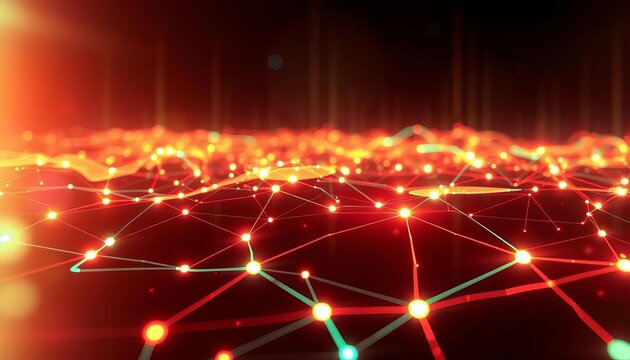 Abstract glowing network nodes and lines forming a futuristic digital landscape, glow, global