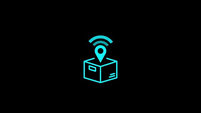 Cyan outline icon of a shipping box with a location pin and wifi signal on a black background package