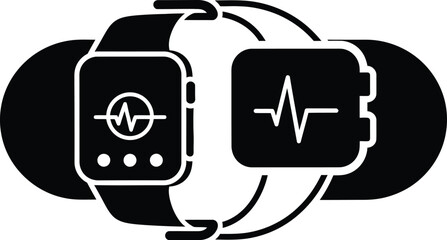 Smartwatch displaying a heart rate electrocardiogram pulse line and connected to a medical device icon
