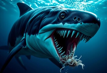 Apex predator, powerful jaws, sleek body, ocean hunter,   fish anatomy,  marine life