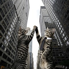 Two tabby cats high five between tall city buildings