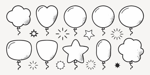 Vector collection of hand drawn balloons in various shapes and sizes with starbursts and stars scattered around