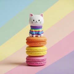 White cat figurine wearing striped sweater on macarons
