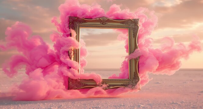Surreal scene of ornate frame surrounded by pink smoke cloud in desert landscape - Powered by Adobe