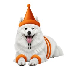 White dog wearing orange party hat and fuzzy wristbands