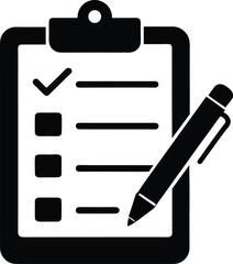 A black silhouette of a checklist or a to-do list on a clipboard with a pen 