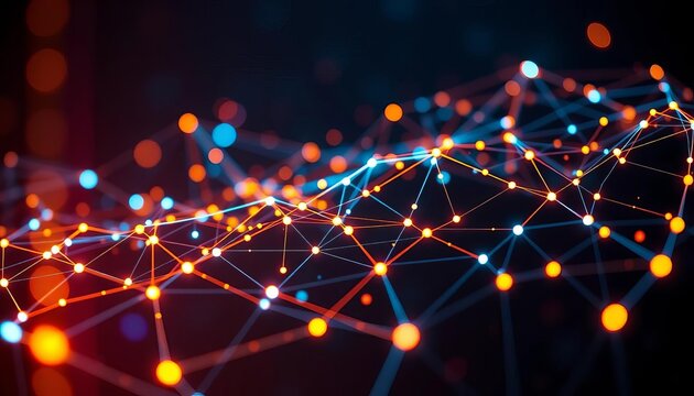 Abstract glowing network nodes and lines representing AI in finance, economy, digital