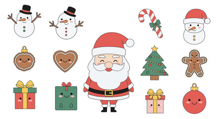 Adorable Christmas Holiday Characters and Festive Elements: Cute Snowmen, Gingerbread Cookies, and Cheerful Gift Boxes on White Background, Flat Vector Elements, Vector Illustration, Simple Vector,