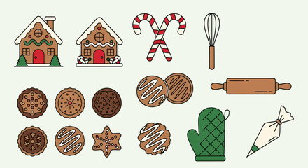 Festive Gingerbread Houses and Assorted Christmas Cookies and Biscuits Vector Art, Flat Vector Elements, Vector Illustration, Simple Vector, Stylized Vector Drawing, Vector Template, Clean Vector